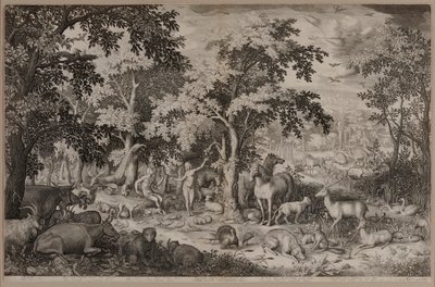 Adam and Eve in the Garden of Eden Surrounded by Trees and Wildlife by Boetius Adams Bolswert